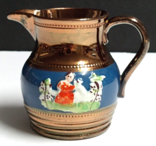 English Staffordshire Copper Luster Blue Band Girl w/ Dog Antique Creamer c1850s - £16.07 GBP