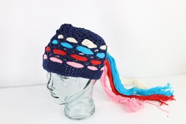 NOS Vintage 60s Streetwear Wool Crochet Fringed Beanie Hat Cap Womens OS Rainbow - £35.44 GBP