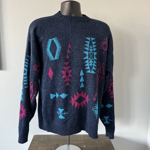 Primary image for VTG Le Tigre Adult XL Pullover Sweater 80s Geometric Blue Turquoise Pink USA