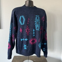 VTG Le Tigre Adult XL Pullover Sweater 80s Geometric Blue Turquoise Pink USA - £39.21 GBP