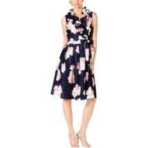 New Jessica Howard Navy Blue Pink Floral Fit Flare Belted Midi Dress Size 16 - £47.81 GBP