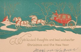 Vintage Christmas Card Horse Drawn Carriage Cabin Green Gold Trim 1920&#39;s - £7.11 GBP