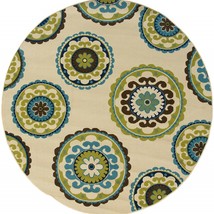 8&#39; x 8&#39; Green and Ivory Round Floral Indoor Outdoor Area Rug - £232.02 GBP