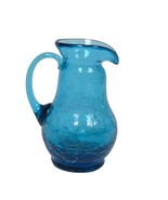 Vintage Blue Crackle 4&quot; Glass Pitcher w/ Handle Hand-Blown Mid-Century M... - $22.41 CAD