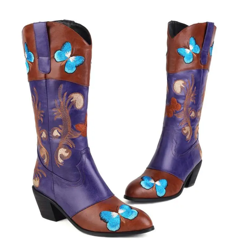 Blue Flower Embroidery boy Boots Female Women For Winter And Autumn Fashion Hand - £110.84 GBP