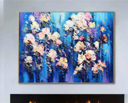 Original Flowers Paintings On Canvas Light Blue Painting Blue Art | BLUE... - £306.95 GBP