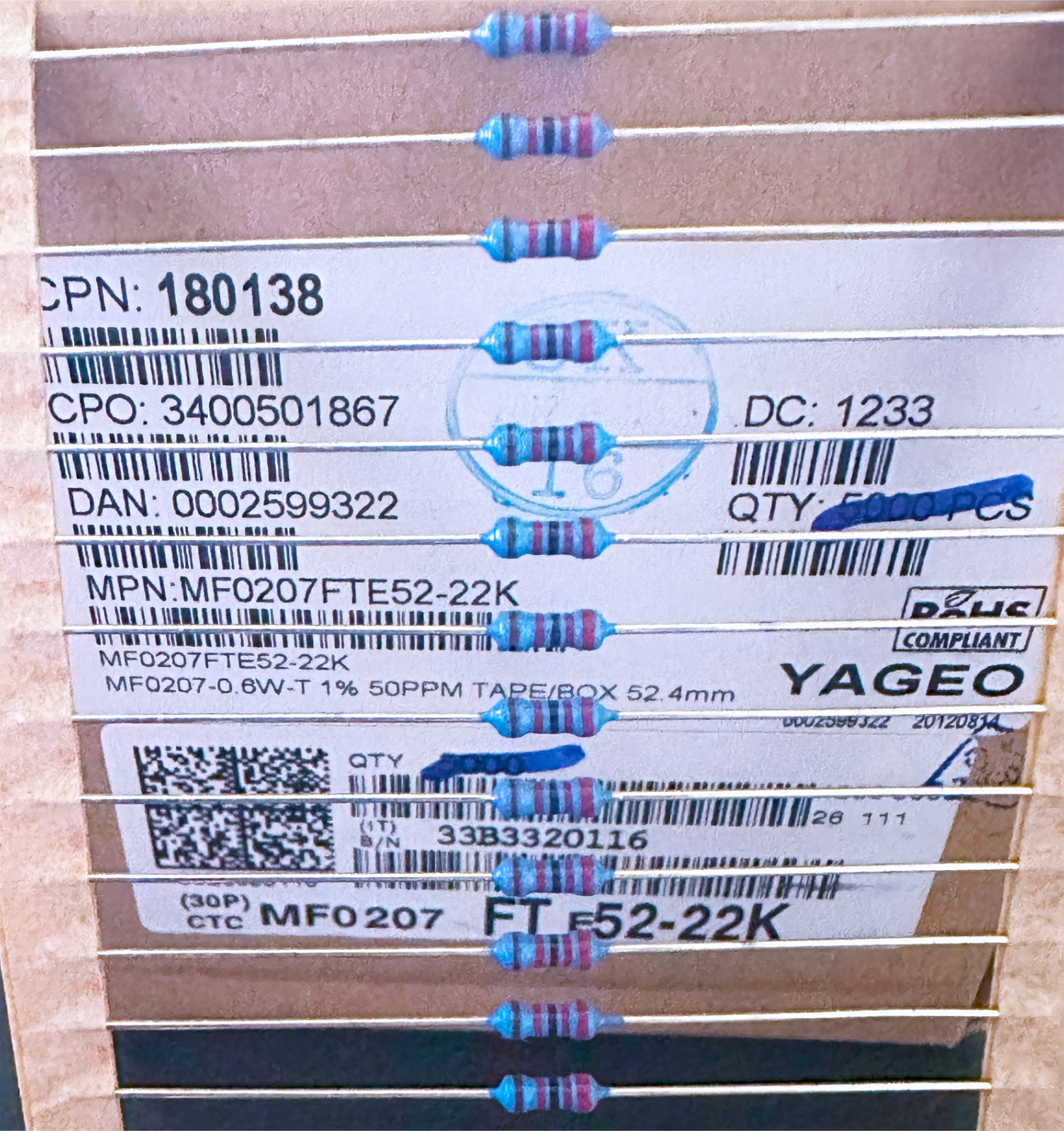 100Pcs MF0207FTE52-22K YAGEO Metal Film Axial Resistor 1% 22KOhm 0.6W - $4.95