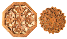 2 Hand Carved Wood Trivets or Wall Art from India Flowers Leaves - $24.18