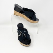 Franco Sarto Womens Black Faux Leather Slip on Wedge Cork Heel Sandal, Size 6 - £15.83 GBP