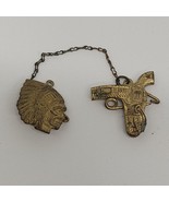 Indian Head Native American / Cowboy Gun Pin /Brooch Gold Tone Vintage - £22.08 GBP