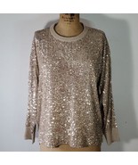 Calvin Klein Sweater Sequin Chiffon Front Knit Back Beige Long Sleeve Si... - £54.40 GBP