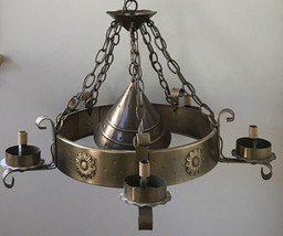 Vtg 70s Antique Style Brass Metal Floral Punched Tin Chandelier Light Fi... - £158.00 GBP