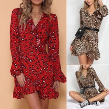 Women Sexy V-Neck Leopard Printed Ruffled Hem Flare Sleeve Party Wrap Maxi Dress - £20.74 GBP