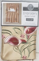 3pc. Embroidery Satin Curtains Set: 2 Tiers &amp;Swag, Flowers, Tulip On Gold, St - £19.77 GBP