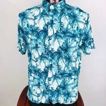 Cubavera Mens Large L Teal Blue Tropical Leaves Theme Short Sleeve Shirt - $31.49