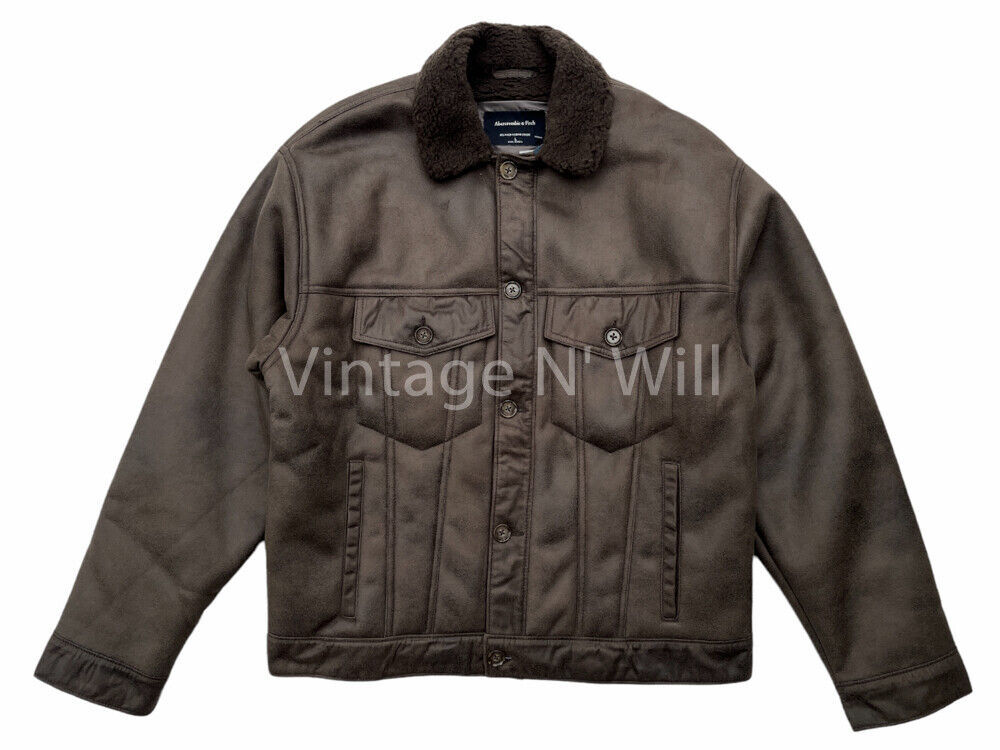 Abercrombie Fitch Mens Brown Relaxed Fit Vegan Faux Suede Sherpa Trucker... - $47.49