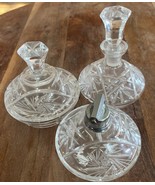 Set Of 2 Vintage Cut Glass Floral Perfume Cologne Bottles &amp; 1 Trinket Dish - €64,67 EUR
