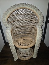 Vintage Mini Wicker Peacock Fan Back Rattan Chair Plant Stand Boho Decor 16” - £22.54 GBP