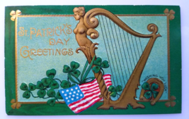 St Patricks Day Postcard Harp US Flag 16 Stars Clovers Embossed 1909 Ser... - £22.14 GBP