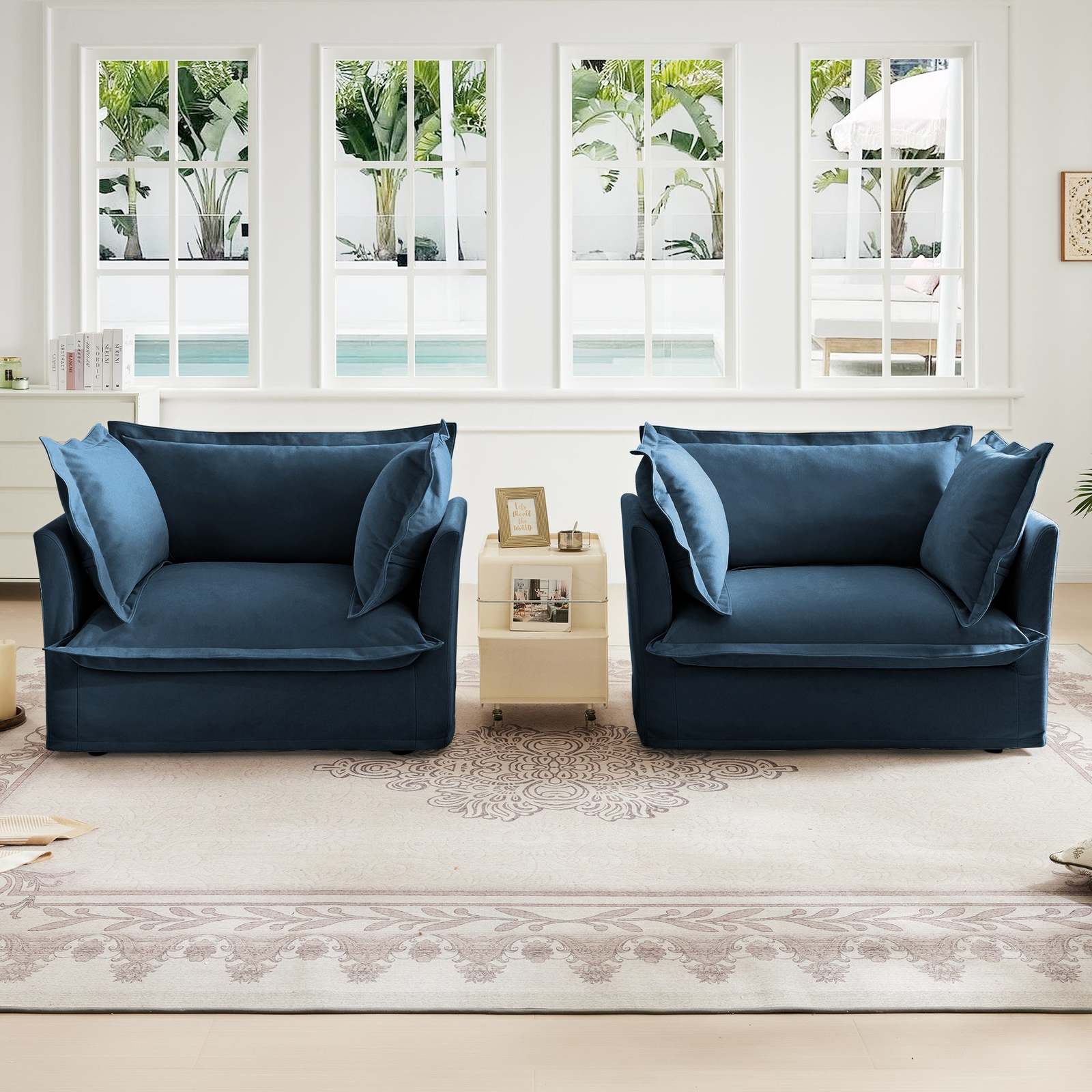 Set of 2 Blue Chenille Slipcovered Deep Seat Armchairs Living Room Item image 2