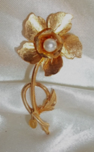 Vintage  Big Gold Tone Flower Pin Faux Pearl Mother Mary Pendant Charm - $9.89
