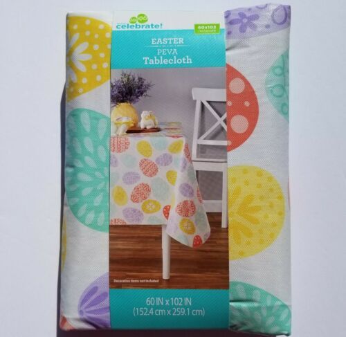 Primary image for Spring Easter Vinyl Tablecloth 60 x 102 Colorful Decorated Eggs on White NEW