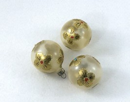 3 Christmas Ornaments Frosted Plastic With Gold Painted Flowers Glitter Vintage - £15.55 GBP