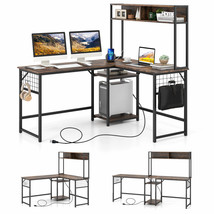 L-shaped Desk with Power Outlet Large Corner Desk Converts to 2-Person Long Desk - £188.64 GBP