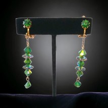 Green Crystal Drop Earrings Art Deco Facets Gold Tone Victorian Aurora Borealis - £27.12 GBP