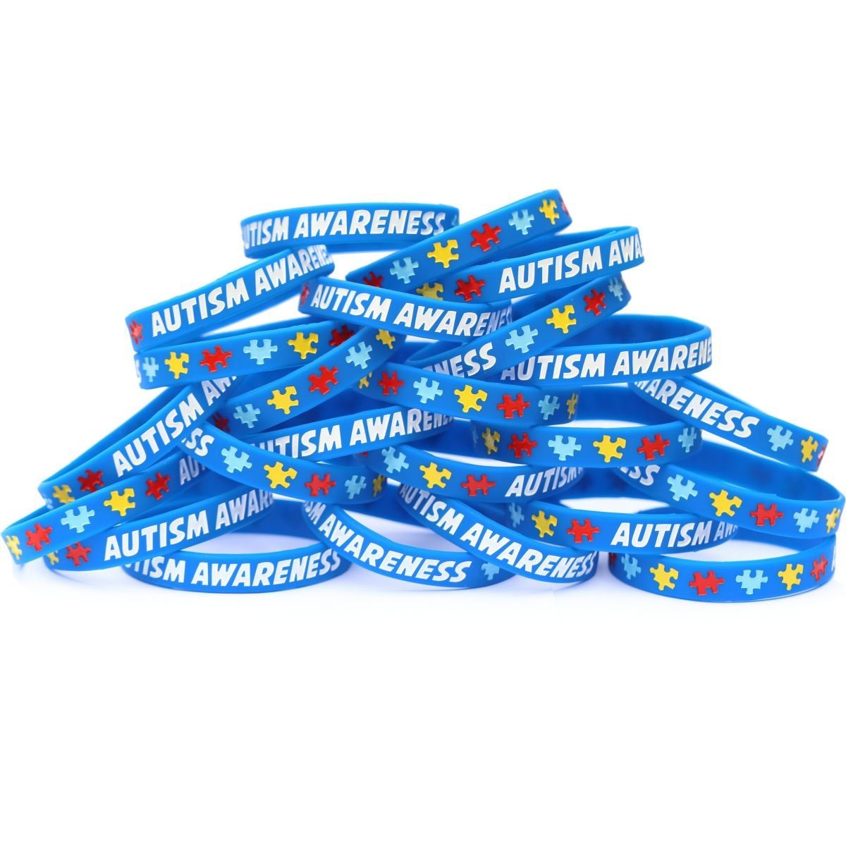 100 Autism Awareness Wristbands - Colorful Puzzle Pieces