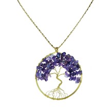 Purple Amethyst Stone Eternal Tree of Life Brass Long Necklace - £8.18 GBP