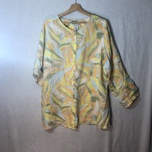 Rachel Zoe 1x Yellow Blue Peach Green Abstract Button Up Blouse Shirt 100% Linen - £15.54 GBP