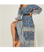 NWT! Beautiful Boho Style Blue Floral Maxi Dress Easter Festival Wedding... - $49.95