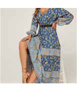 NWT! Beautiful Boho Style Blue Floral Maxi Dress Easter Festival Wedding... - £39.58 GBP