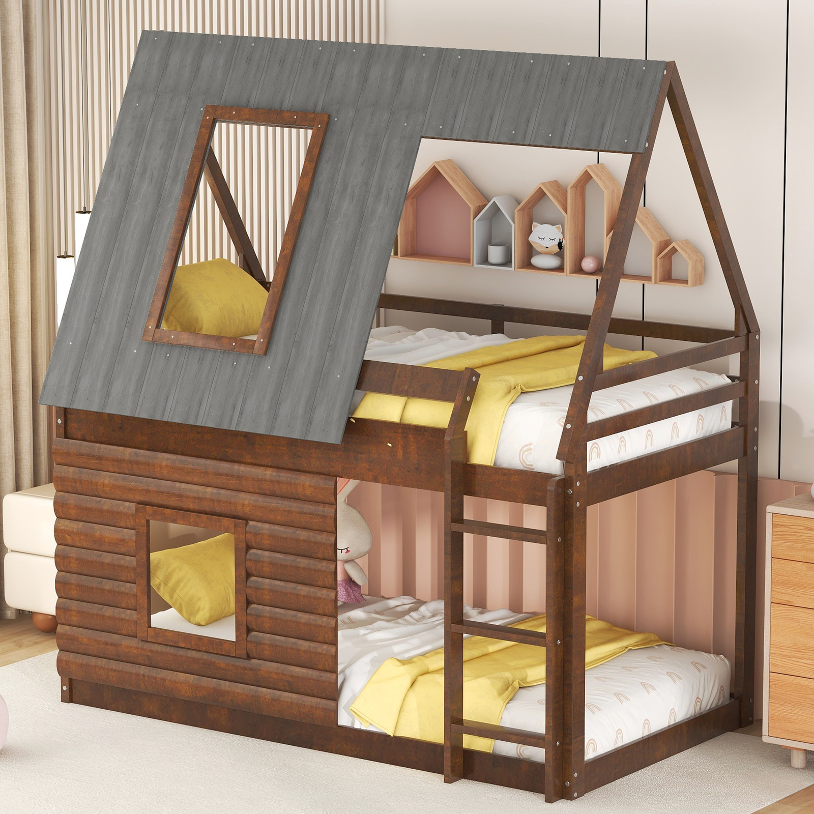 Primary image for Wood Twin Size House Bunk Bed with Roof, Ladder and 2 Windows, Oak & Smoky Grey