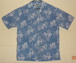 Hawaiian Shirt Size Medium Waist 45&quot; Blue White Leaves Geometric Print Mens - £15.27 GBP