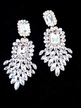 Rhinestone CLIP On Earrings, Oversized Chandelier Earrings, Clear Drop Pageant E - £39.82 GBP