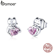 New Arrival 925 Silver Cat Pussy Pink Cubic Zircon Small Stud Earrings for Women - £16.28 GBP