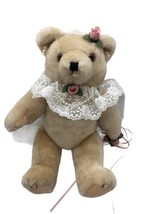 Plush Bride Teddy Bear 12&quot; Wedding Outfit Jewelry Bouquet Posable Arms Legs VTG - £19.77 GBP