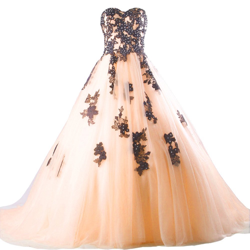 Beaded Black Lace Long A Line Tulle Gothic Prom Wedding Dresses Plus Size Peach
