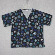 UA Scrubs Women&#39;s Scrub Top Black Snowflake Blue White Large Winter Chri... - £9.44 GBP