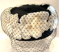 Vintage Women's Pillbox Hat with Veil Black w/ White Flowers - $28.49
