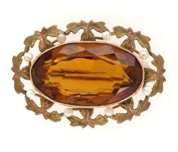 10k Yellow Gold Paste Glass Brooch Pin with Leaves and Seed Pearls (#J6017) - £410.64 GBP
