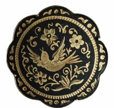 Dove of Peace Damascene Brooch Gold Tone &amp; Black Floral Scroll Trombone Clasp - £29.56 GBP