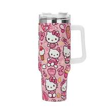 Pink Hello Kitty Patterned 40oz Stainless Steel Tumbler With Handle and Straw - £30.79 GBP