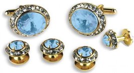 Medium Blue Stone Center Austrian Crystal Tuxedo Studs and Cufflinks Gold Trim - $92.61