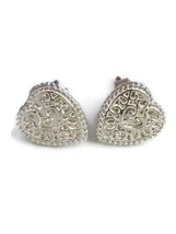 Silver Tone Heart Shaped Engraved Elegant Stud Earrings - £14.55 GBP