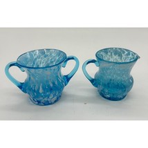 Vintage Hand Blown Art Glass Light Blue Splatter White Creamer and Sugar Set - £20.09 GBP