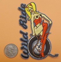 Wild Ride - Biker Babe With Whip IRON-ON SEW-ON Embroidered Patch 2 5/8 &quot; X 4 &quot; - £3.67 GBP