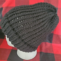 Handmade Black wool blend knit beanie w/brim - £7.96 GBP